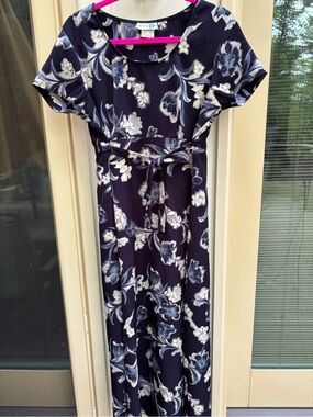 Short Sleeve Navy Floral Maxi Dress with Tie Waist